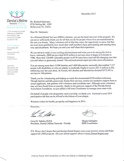 Thank you letter from Dental lifeline Network