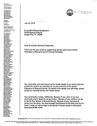 Letter from the Jewish Federation of Broward County